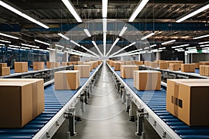 view Cardboard box packages moving along conveyor belt in fulfillment center