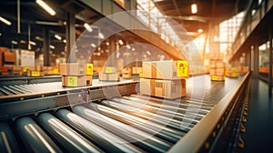 A view of cardboard boxes being classified and moving along a conveyor belt inside a warehouse for picking and final delivery