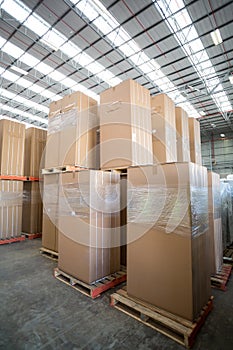 View of cardboard boxes put on pallets