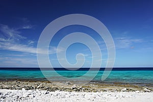 View of the Caribbean Sea from a rocky beach on the island of Bonaire