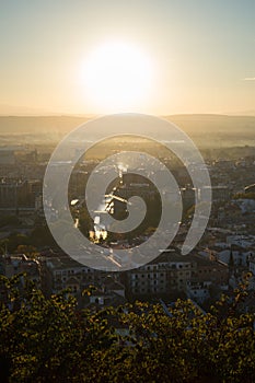 View from Carmen de los Martires Park over Granada, Genil River and Sierra Nevada, Spain