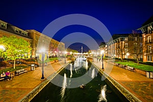 View of Carroll Creek at night, in Frederick, Maryland.