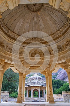 View of the carved dome at Royal cenotaphs in Jaipur, Rajasthan, India
