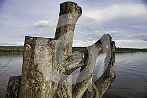 View of carved tree trunk in Transfer Beach in the town of Ladysmith, BC, Canada photo