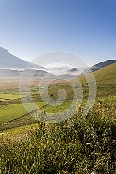 View of Castelluccio di Norcia Umbria at dawn, with mist, big meadows and totally empty blue sky