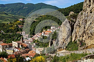 View of Castelmezzano from the track in the mountains. Basilicata Lukansky Dolomites. Italy