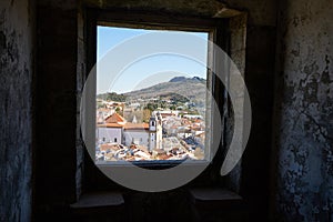 View of Castelo de Vide through the window of the castle, in Portugal