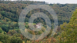 View of a castle in the autumnal forest