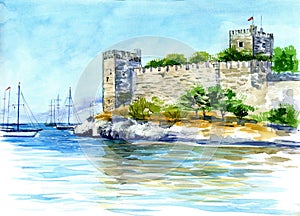 View of the castle in Bodrum sity. Turkey. Watercolor painting.