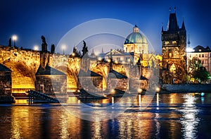 View of the castle and the Charles bridge. Prague Czech Republic.