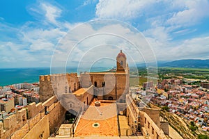 View of the castle in the city of Cullera on a cloudy day. District of Valencia. Spain