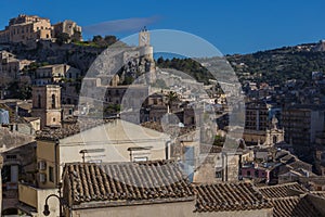 View of the castle and clock tower in the centre of Modica