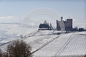 View of the Castle of Grinzane Cavour in winter with snow