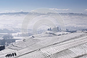 View of the Castle of Grinzane Cavour in winter with snow