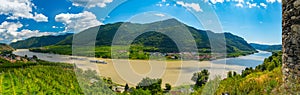 View from castle Hinterhaus in Spitz Wachau Austria Danube river and vineyard