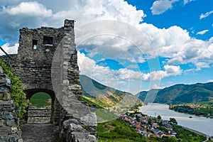 View from castle Hinterhaus in Spitz Wachau Austria Danube river and vineyard