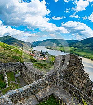 View from castle Hinterhaus in Spitz Wachau Austria Danube river and vineyard