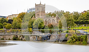 View of castle park and St Peter`s church in Bristol photo