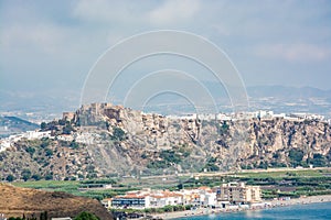 View of the castle of Salobrena Castillo De SalobreÃ±a on a hill and coast of Costa Tropical