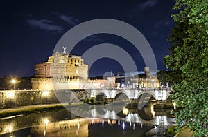 View of castle Sant`Angelo at night in Rome, Italy