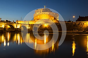 View of the Castle of St. Angelo or the Mausoleum of Hadrian and the bridge of St. Angelo at night