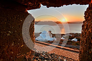 View from the castle at sunset. Plaka, Milos. Cyclades islands. Greece