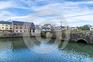 A view from the castle towards the bridge over the River Cleddau at Pembroke, Wales