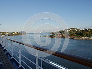 View of the Castries cruise terminal and Saint Lucia port seen from the deck of a ship