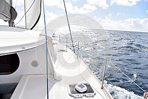 View of catamaran sailing in caribbean sea