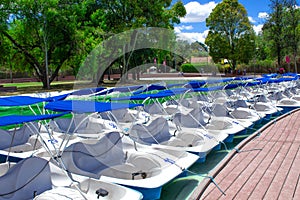 A view of the catamarans with pedals pedal boats.