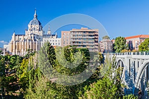 View of Catedral Nuestra Senora de la Almudena and the Viaduct in Madrid, Spa