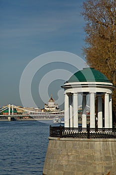 View of the Cathedral of Christ the Savior from the embankment of the Moscow River.