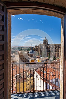View of the cathedral of the city Salamanca from the towers of La Clerecia, Spain