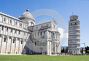 View of the cathedral and Leaning Tower of Pisa in the Square of Miracles.