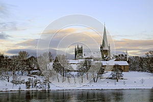 View of the Cathedral Nidarosdomen and river Nidelva in Trondheim