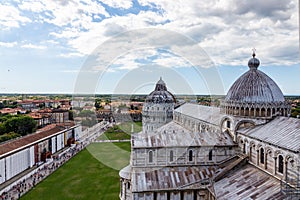View of the Cathedral of Pisa from the top of the Famous Leaning Tower in the city of Pisa, Italy