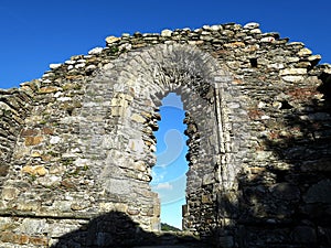 View through the Cathedral ruins in Glendalough, the early Medieval monastic settlement founded by St Kevin in Wicklow, IRELAND