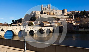 Cathedral of Saint Nazaire and Old Bridge across Orb river, Beziers