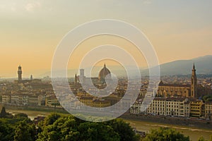 View of the Cathedral of Santa Maria del Fiore Duomo, Basilica of Santa Croce, and Arnolfo tower of Palazzo Vecchio.