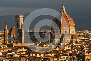 View of the Cathedral Santa Maria del Fiore at sunrise. Florence. Italy