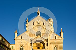 View of the Cathedral of Santa Maria Matricolare also called Duomo in Verona at sunset