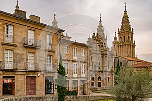 View of Cathedral of Santiago de Compostela from the place of Immaculada, Galicia, Spain