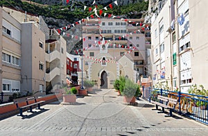 View of Catholic church in Gibraltar. Our Lady of Sorrows Church, located in the old fishing village at Catalan Bay La Caleta. B