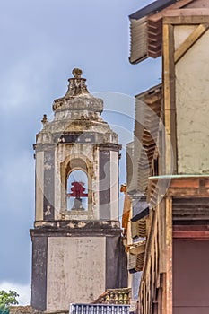 View of a catholic church tower on medieval village inside the fortress and Luso Roman castle of Ãâbidos