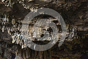 View of a cave ceiling with close-up view of stalagtites