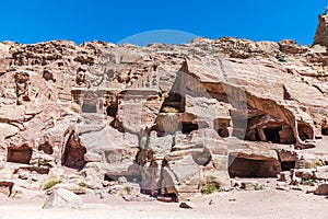 A view of cave dwellings opposite the ampitheatre in the ancient city of Petra, Jordan