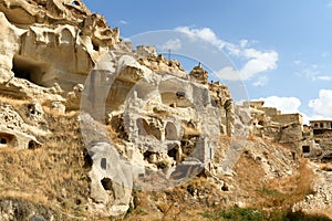 View of cave houses in Ortahisar. Cappadocia. Turkey