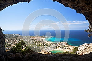 View from the cave to the sea and beaches in Stavros on the island of Crete
