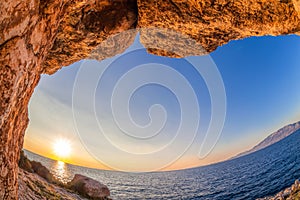 View from Caves to the sunset on Zakynthos island in Greece