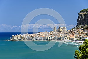 View of Cefalu with beach and castle